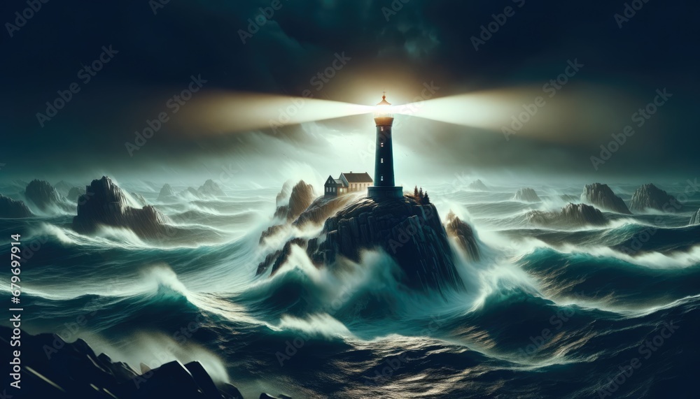 Against the fury of a storm-tossed sea, a lighthouse stands resolute on a craggy island, its beacon slicing through the veil of darkness. 