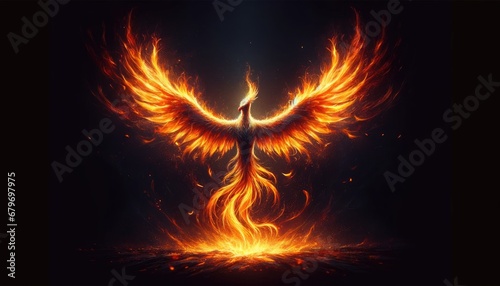 Captured in this wide-format image is the awe-inspiring moment of a phoenix's rebirth, its wings ablaze with the incandescent beauty of fire and renewal. 