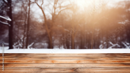 Wooden deck top on blur winter forest background with snow and sunshine. High quality photo