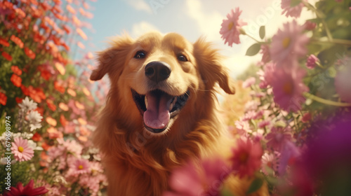 A dog Labrador in a fantastic garden