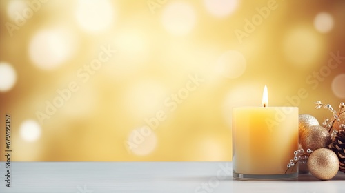  a lit candle sitting next to a christmas ornament and a pine cone on a table in front of a blurry background.