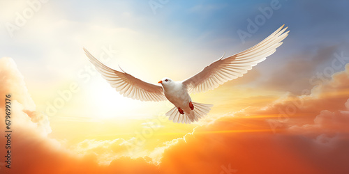 Tranquil Elegance  The White Dove in Flight on Yellow Background ai generated