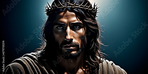 Portrait of Jesus Christ wearing the crown of thorns on black background. photo