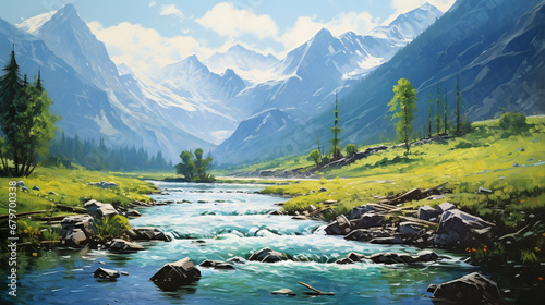 A landscape of a mountain river painted in oil © frimufilms