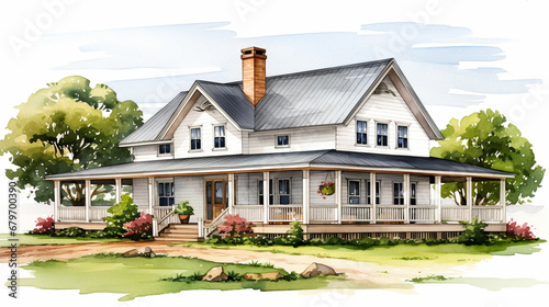 A watercolor illustration in clipart style with a house