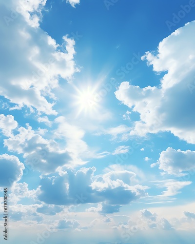 a blue sky with clouds and the sun