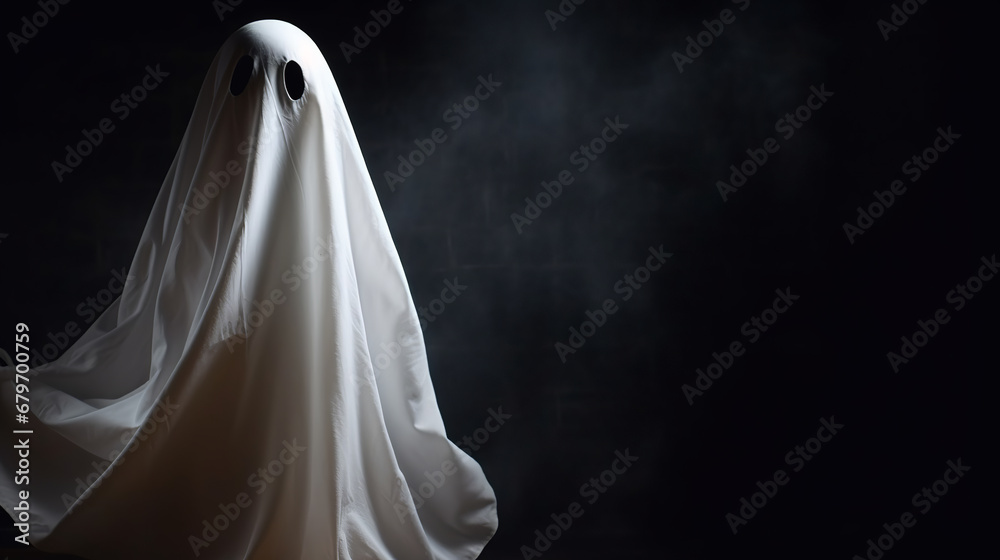 Scary ghost, A ghost made from a white sheet with black eyes, against a black, foggy background Scary ghost, A ghost made from a white sheet with black eyes, against a black, foggy background