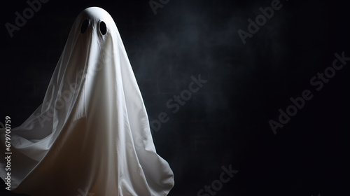 Scary ghost, A ghost made from a white sheet with black eyes, against a black, foggy background