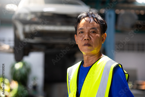 Portrait senior Asian thai male professional mechanic repairs car working in garage. Car maintenance and auto service garage concept. Vehicle lifting in background