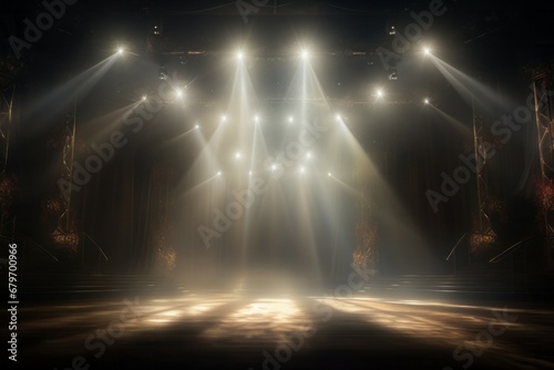 Shining spotlights and empty scene. Elegant promotion design template. Ad, theater, show, © Werckmeister