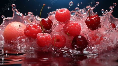 Raspberry and cherry in water with splashes on black background