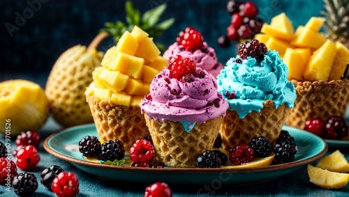 multi-colored ice cream with frozen berries and mango slices photo