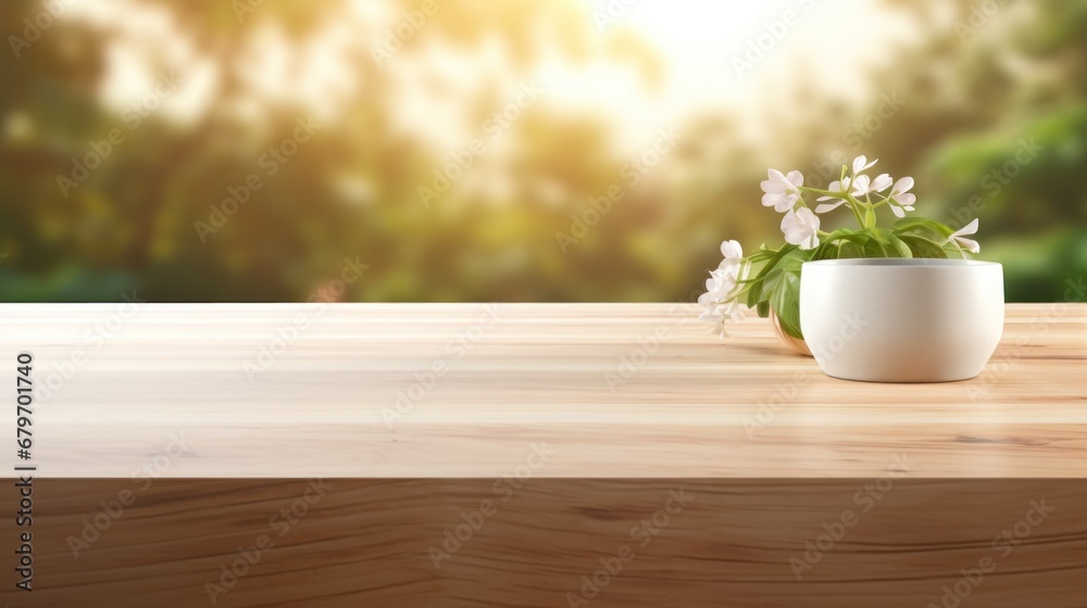 white Wooden table on blurred spa bench background, Advertisement, Print media, Illustration, Banner, for website, copy space, for word, template, presentation