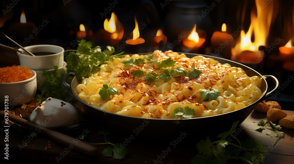 Macaroni with cheese and herbs in a pan on a dark background