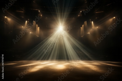 Shining spotlights and empty scene. Elegant promotion design template. Ad, theater, show,