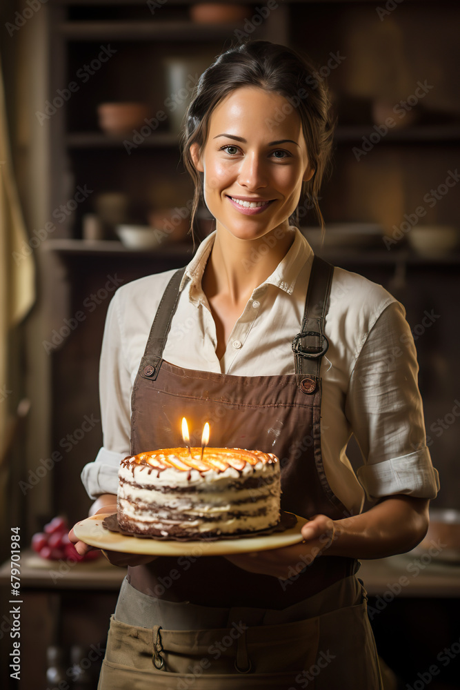 happy female chef in kitchen holding a cake