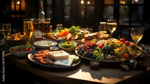 Cheese platter with wine and snacks on wooden table at night