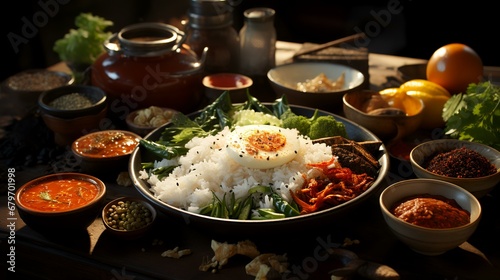 Korean food steamed rice with vegetables and spicy sauce