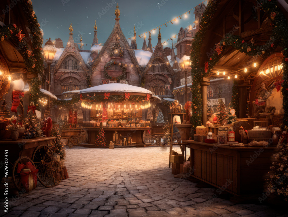 Christmas market in the evening, illuminated by lights 