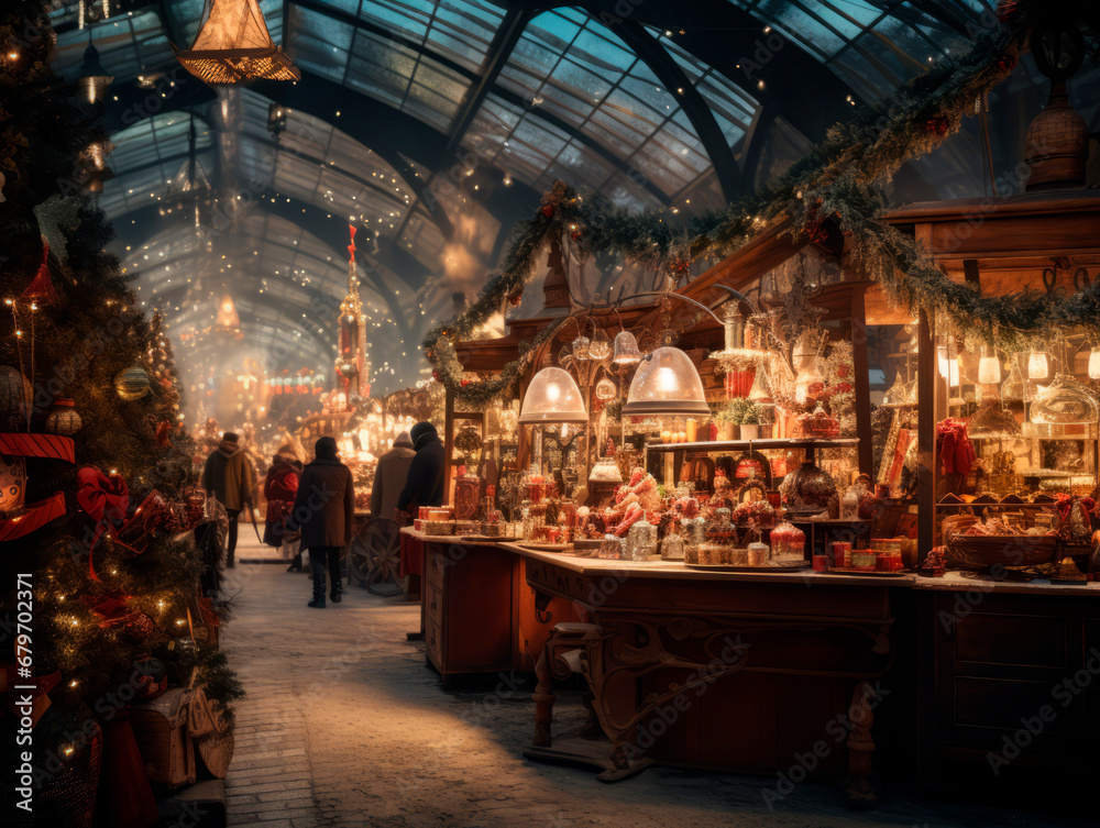 Christmas market in the evening, illuminated by lights Christmas market in the evening, illuminated by lights