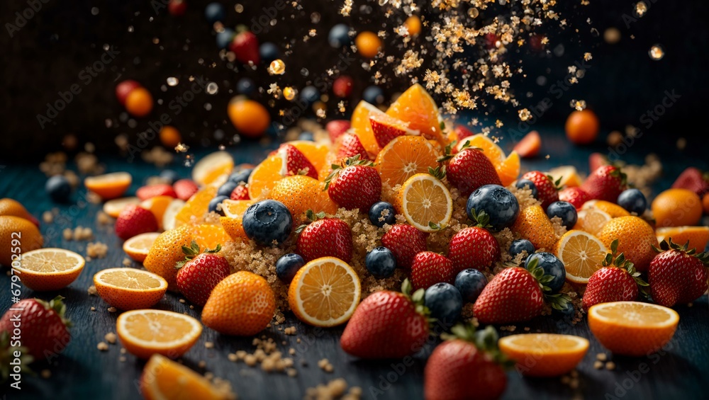 orange and strawberry float in the air, in splashes of water, on a deep dark blue background orange and strawberry float in the air, in splashes of water, on a deep dark blue background