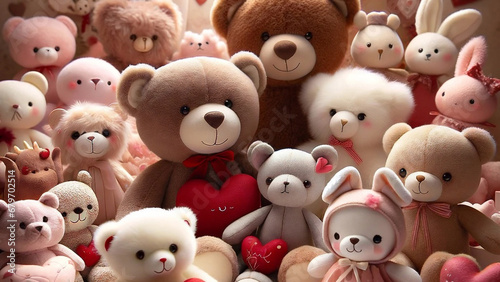 Assorted Valentine's teddy bears and plush toys.