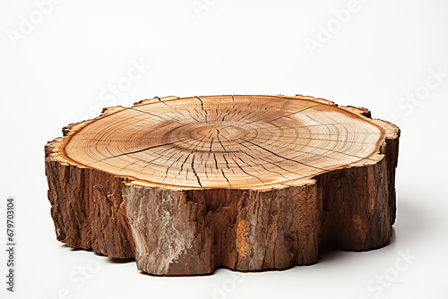 Cross section of tree trunk on white background.