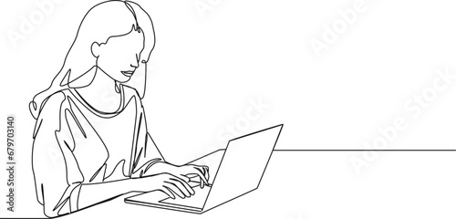 continuous single line drawing of woman with laptop computer, line art vector illustration