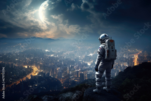 Fotografie, Tablou Otherworldly View: Astronaut on Hilltop, City Beyond