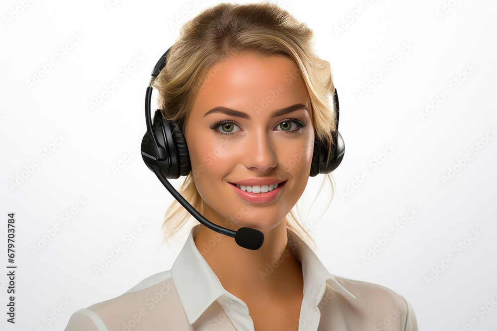 Smiling Customer Service Woman Ready to Assist with Headset Smiling Customer Service Woman Ready to Assist with Headset