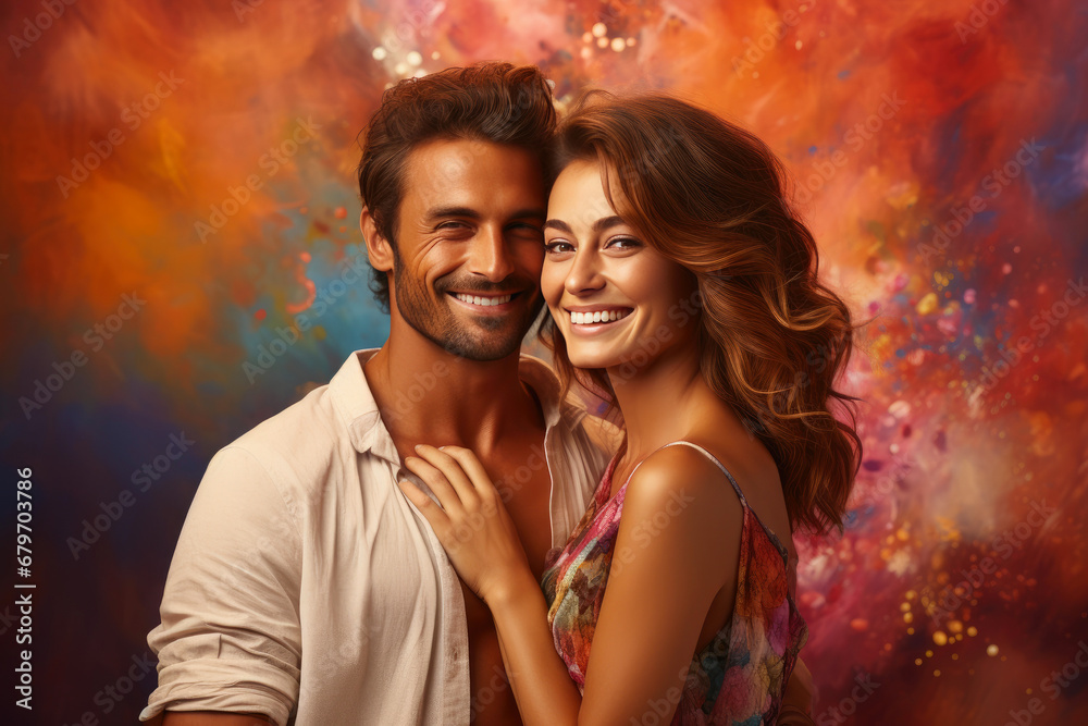 Cheerful Pair Beaming on Vibrant Backdrop Cheerful Pair Beaming on Vibrant Backdrop
