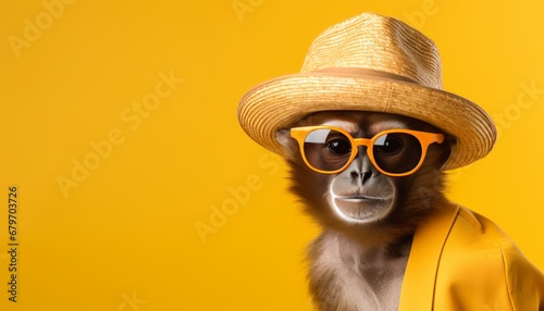 Monkey in sunglasses and hat on adventurous travel concept with isolated pastel background