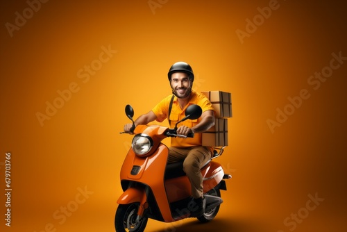 Delivery man smiling on motorcycle on orange background. illustrations delivery man 