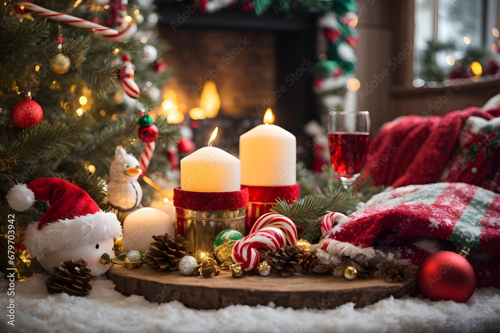 Festive Christmas decor, christmas tree, magical, fireplace, celebrations, ornaments, winter, santa