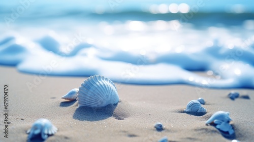  a close up of a seashell on a sandy beach with waves crashing in to the shore and a bright blue sky in the background.