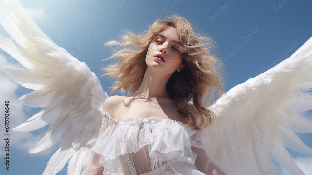 Angel young woman with large white fluffy wings against a blue sunny sky. Creative concept of guardian angel, religion, faith and hope. Angel young woman with large white fluffy wings against a blue sunny sky. Creative concept of guardian angel, religion, faith and hope.