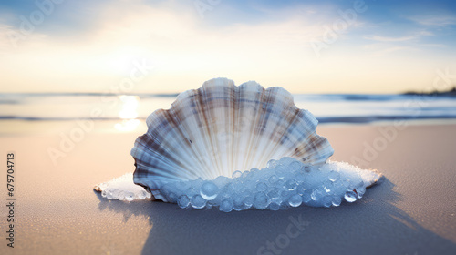 Beautiful oyster on the seashore. Open Shell on the sandy shore of the beach near the sea waves.  photo