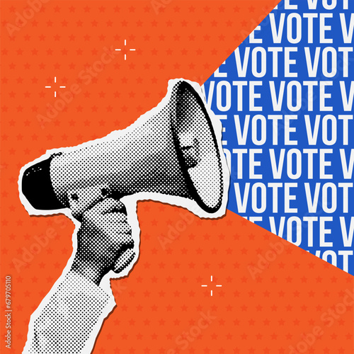 Hand holding a megaphone from which comes title - VOTE. Trendy halftone collage for 2024 politics elections. Vector dotted Cutouts magazines. photo