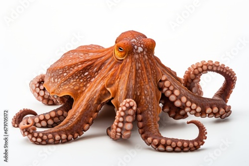 Close up of a vibrant orange octopus with tentacles  isolated against a clean white background