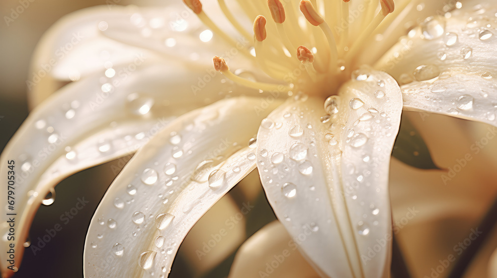 © IndigoElf - Macro close-up shot of beige flower petals with dewdrops. Beautiful flower with raindrops on the petal. Creative wallpaper, screensaver with charming flora.