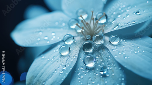 Macro close-up shot of blue flower petals with dewdrops. Beautiful flower with raindrops on the petal. Creative wallpaper, screensaver with charming flora.  photo