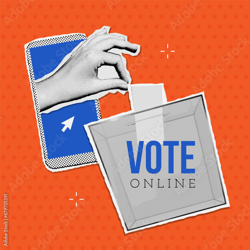 Remote electronic voting banner. 20024 Online elections. Vector halftone collage illustration with a smartphone with hand sticking out of phone screen and putting vote in election box. Vector eps10