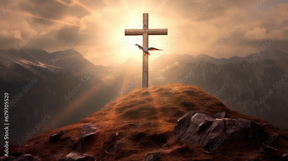 Holy cross symbolizing the death and resurrection of Jesus Christ with the sky over Golgotha Hill is shrouded in light and clouds. Apocalypse concept. - obrazy, fototapety, plakaty 