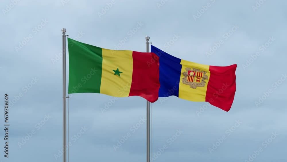 Senegal flag and Andorra flag waving together on cloudy sky, endless seamless loop Senegal flag and Andorra flag waving together on cloudy sky, endless seamless loop