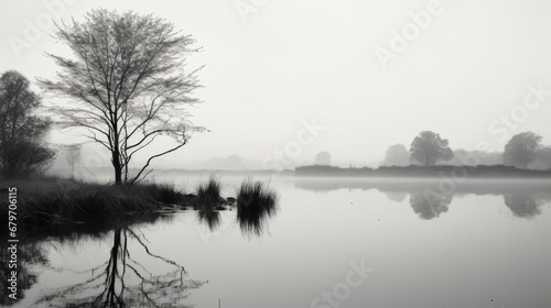  a black and white photo of a body of water with a tree in the foreground and fog in the background.