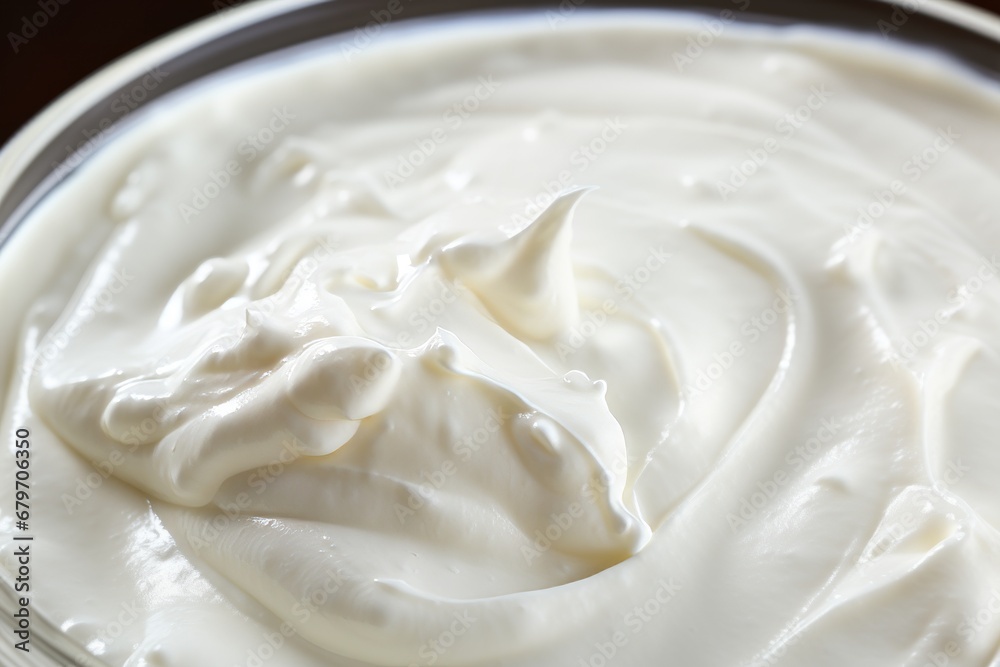 Deliciously creamy white vanilla yogurt with a natural and enticing texture, top view