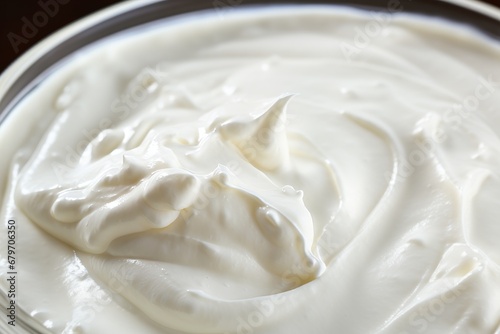 Deliciously creamy white vanilla yogurt with a natural and enticing texture, top view