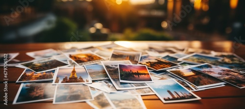 Travel destinations and landmarks set against a table background   perfect for the travel industry photo