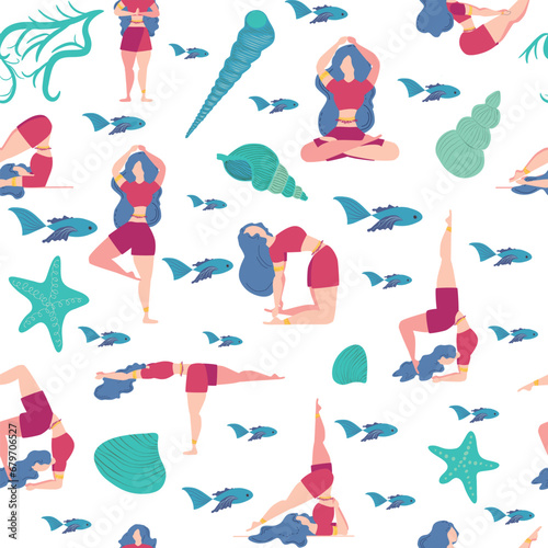 Seamless pattern Plus size curvy girls doing yoga class. Online home workout concept. Body positive © MichiruKayo