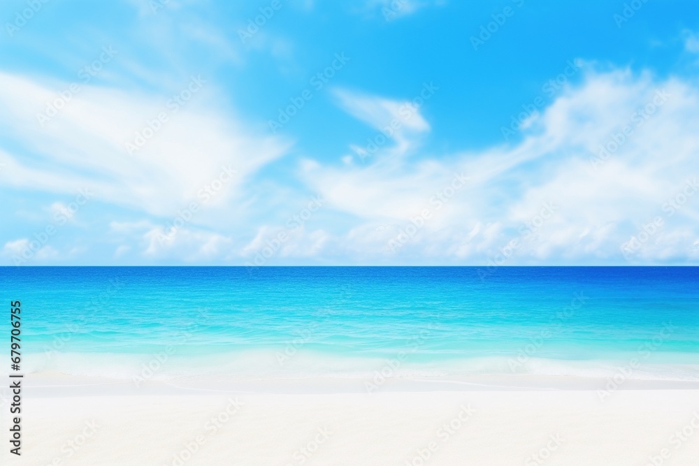 Fototapeta premium Sunny Tranquility: Embrace the Beautiful Sandy Beach with White Sand, Rolling Calm Waves, and Turquoise Ocean, Against a Canvas of White Clouds in a Blue Sky